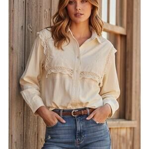 Vintage 80's Cream Canvas & Crochet Lace Bib Western Style Button Down Blouse